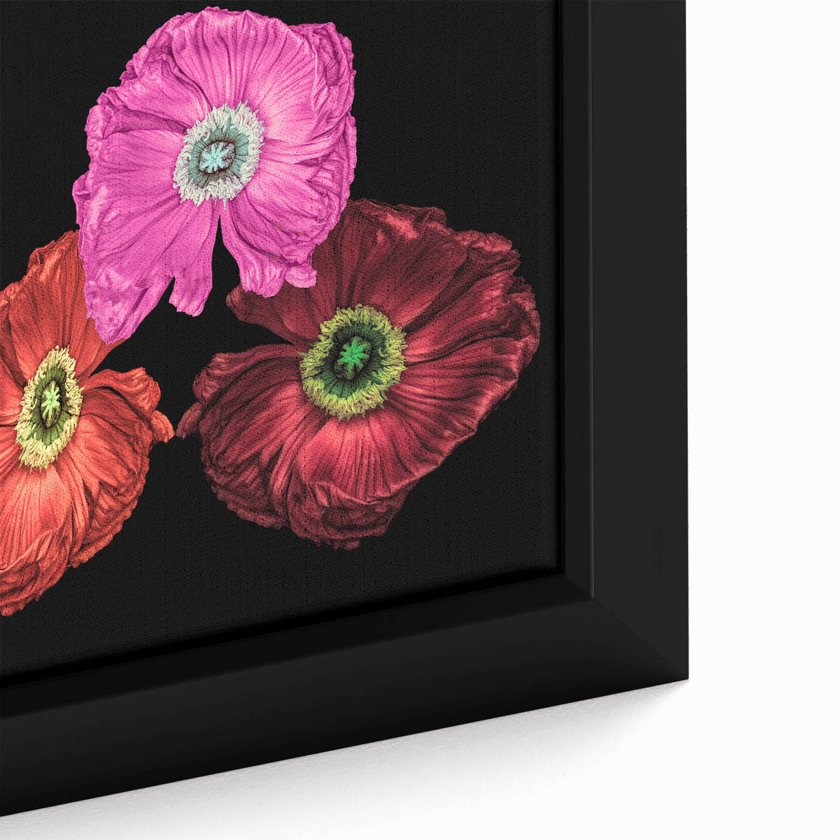 Close-up of a vibrant poppy botanical wall art design on framed canvas, showcasing rich red and green hues, perfect for enhancing home decor with nature-inspired elegance.