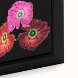 Close-up of a vibrant poppy botanical wall art design on framed canvas, showcasing rich red and green hues, perfect for enhancing home decor with nature-inspired elegance.