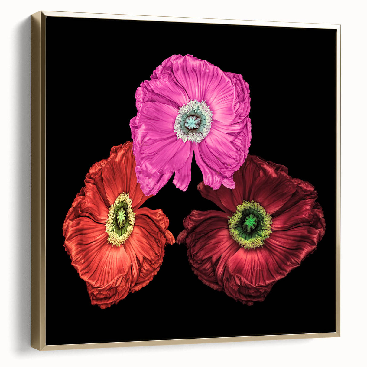Framed wall art featuring a botanical poppy design in silver and gold tones, elegantly displayed on a textured canvas, perfect for modern home decor enhancement.