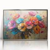 Framed wall art featuring a botanical poppy design in vibrant colors, set in a sleek silver frame, ideal for modern home decor, enhancing any living space.