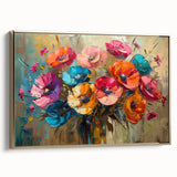 Framed canvas wall art showcasing a botanical poppy design with vibrant colors and a gold frame, adding elegance to any home decor setting. Perfect for floral enthusiasts and modern interiors.