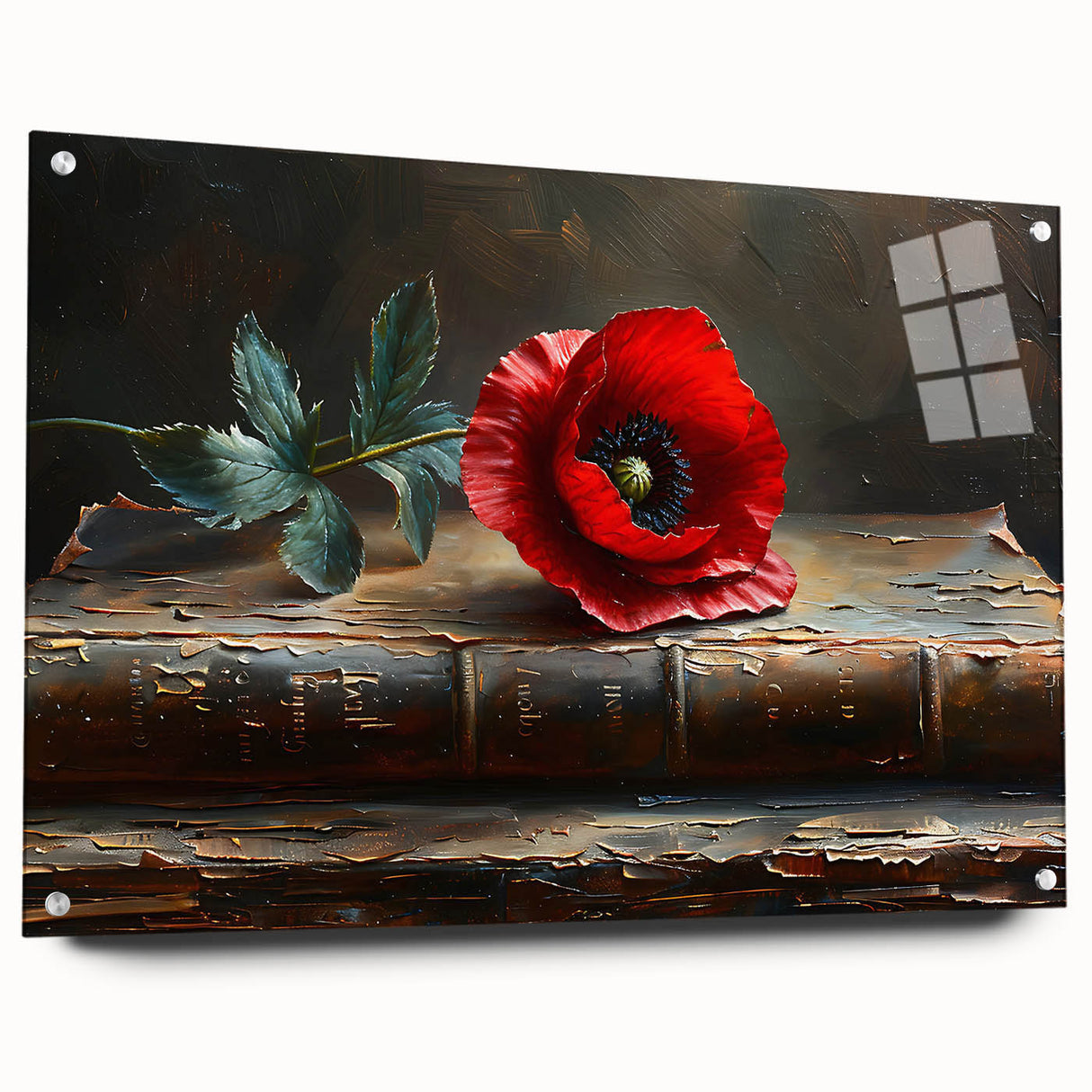 Acrylic glass wall art showcasing a vibrant botanical poppy design, framed with pins for easy mounting, ideal for enhancing modern home decor with floral aesthetics.