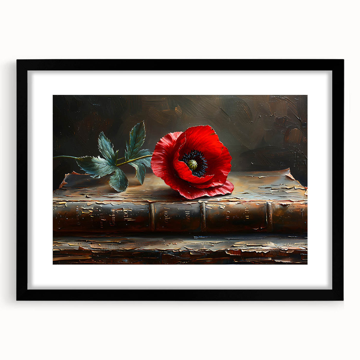 Black-framed wall art featuring a botanical poppy design on a white mat, showcasing vibrant colors and intricate details, perfect for modern home decor.