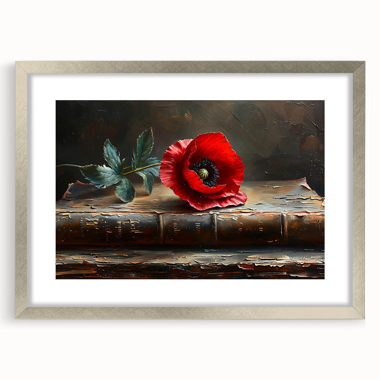 Framed botanical wall art showcasing a vibrant poppy design with a silver mat, perfect for home decor. Ideal for adding a touch of nature to any living space.
