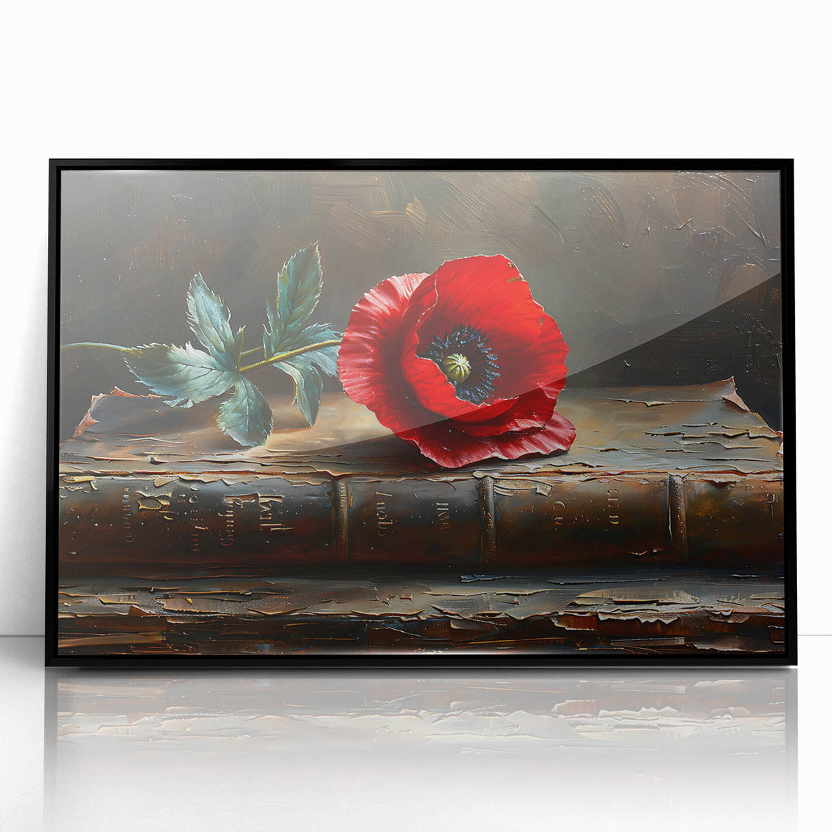 Framed wall art featuring a botanical poppy design with vibrant red and green colors, elegantly displayed in a sleek black frame, ideal for home decor.