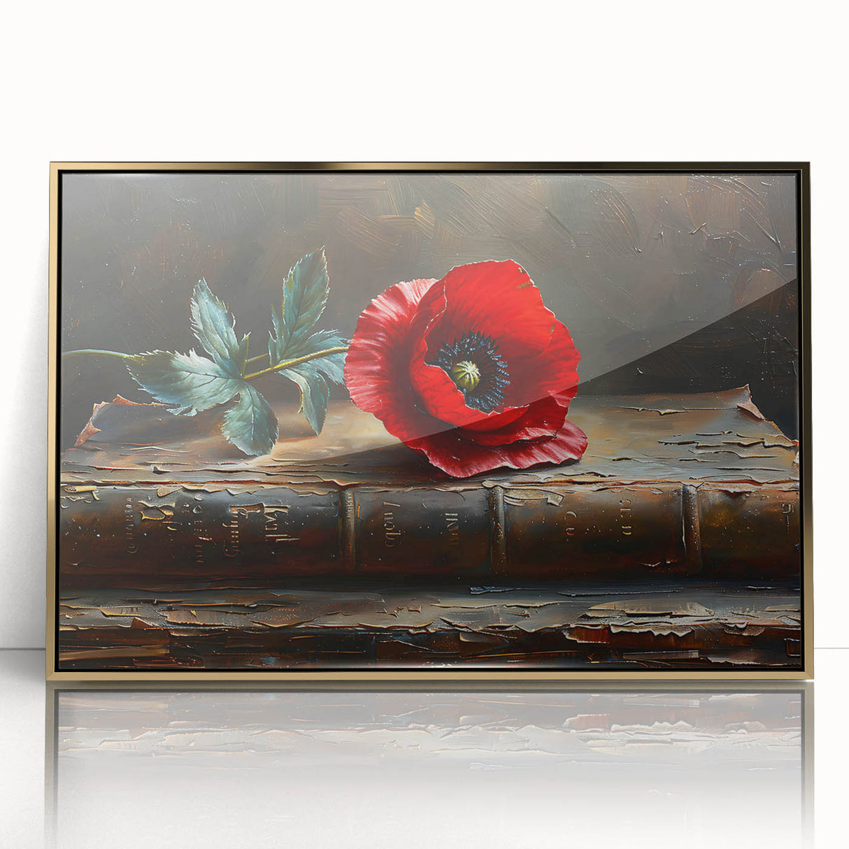 Framed wall art featuring a vibrant botanical poppy design with a sleek gold acrylic front, ideal for enhancing modern home decor and adding a touch of elegance.