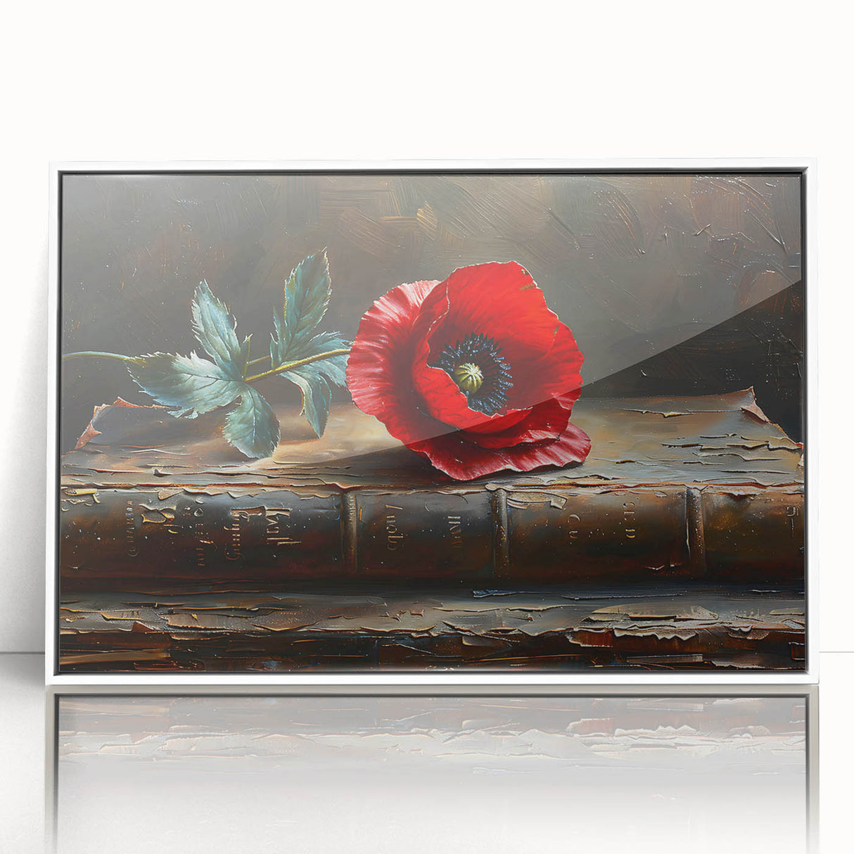 Framed wall art featuring a botanical poppy design, showcasing vibrant flowers and intricate details, presented in an elegant white frame, perfect for home decor.