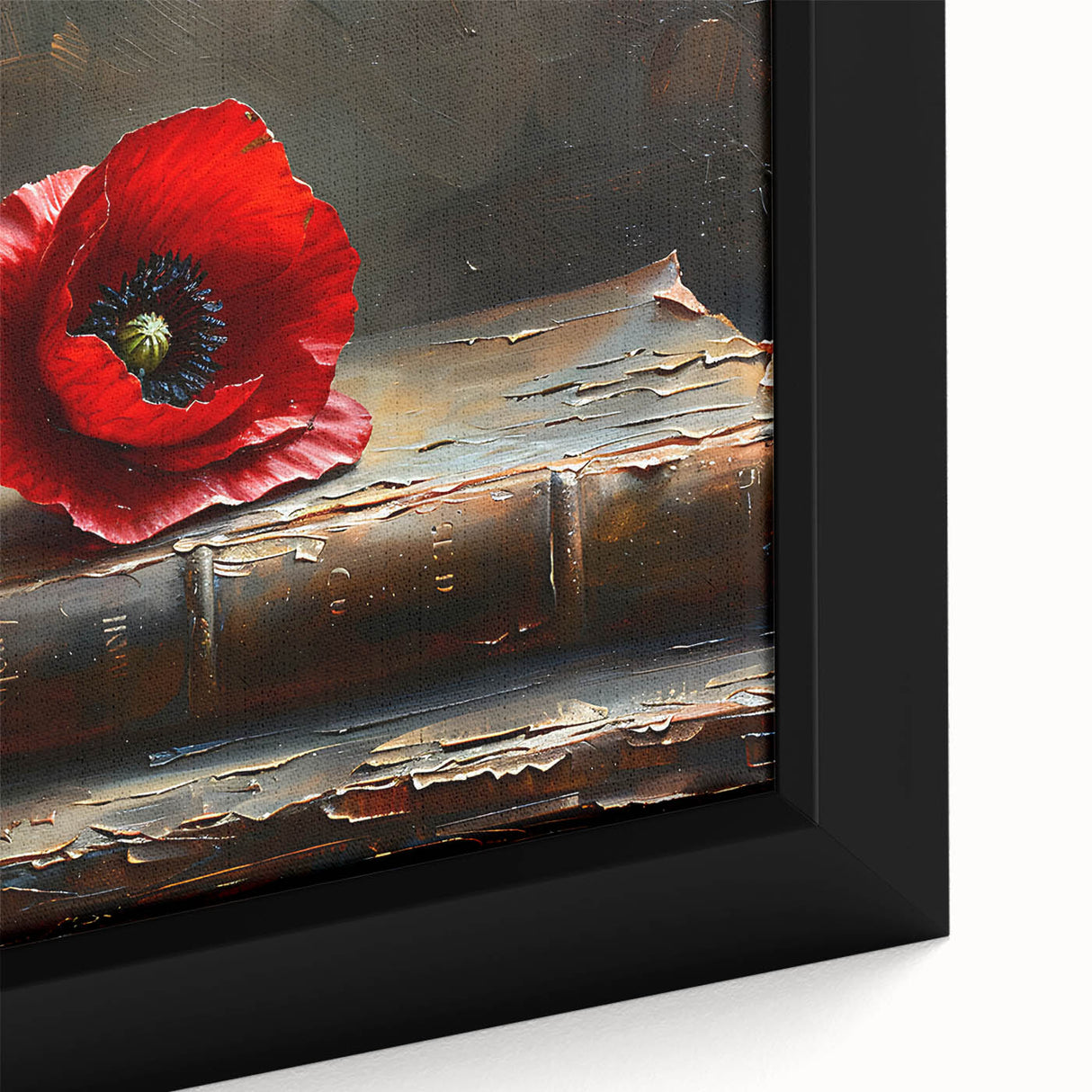 Close-up of a framed botanical wall art canvas showcasing vibrant red poppy flowers against a natural green backdrop, perfect for enhancing home decor with a touch of nature.