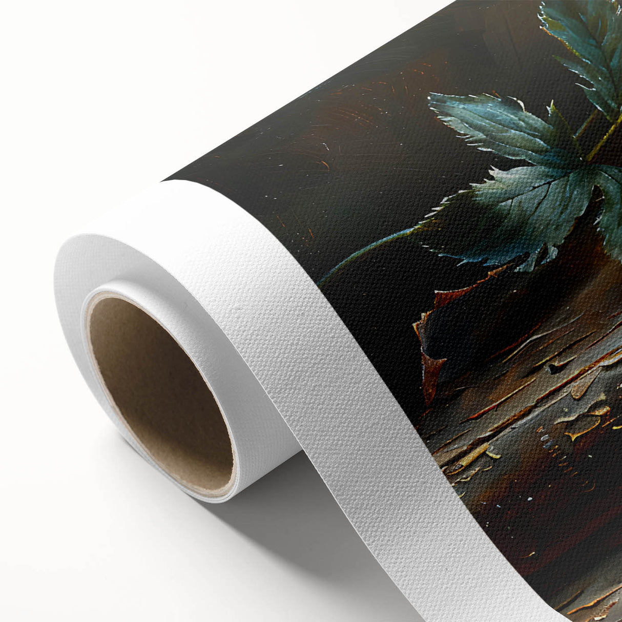 Vibrant rolled canvas wall art showcasing a botanical poppy design with intricate details in shades of red and green, ideal for home decor and floral enthusiasts.