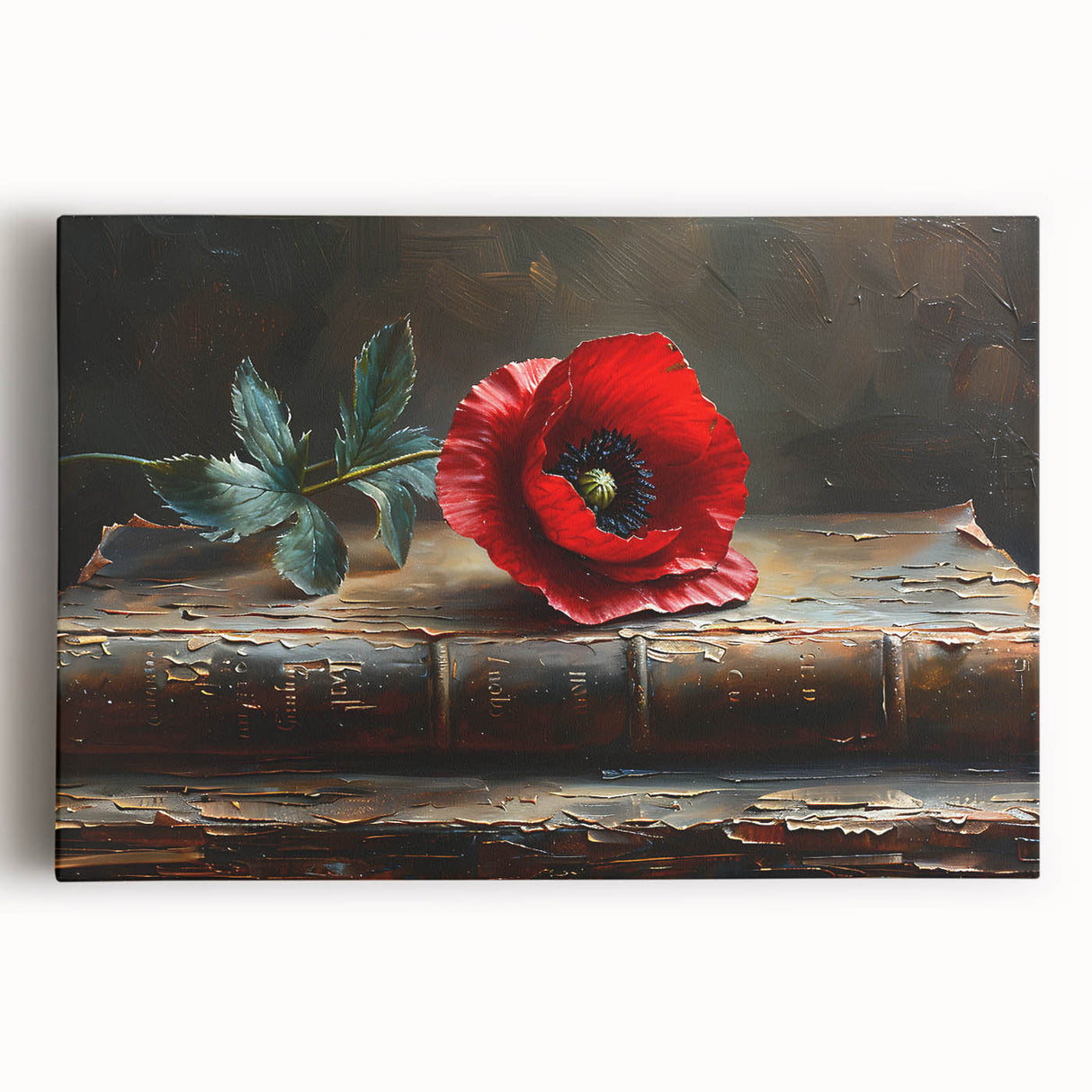 Botanical wall art featuring a vibrant poppy design, elegantly stretched on canvas with a textured surface, ideal for home decor and floral enthusiasts.