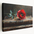 Stretched canvas wall art showcasing an intricate botanical poppy design, featuring vibrant red and green colors, displayed from a side view to highlight its depth and texture.