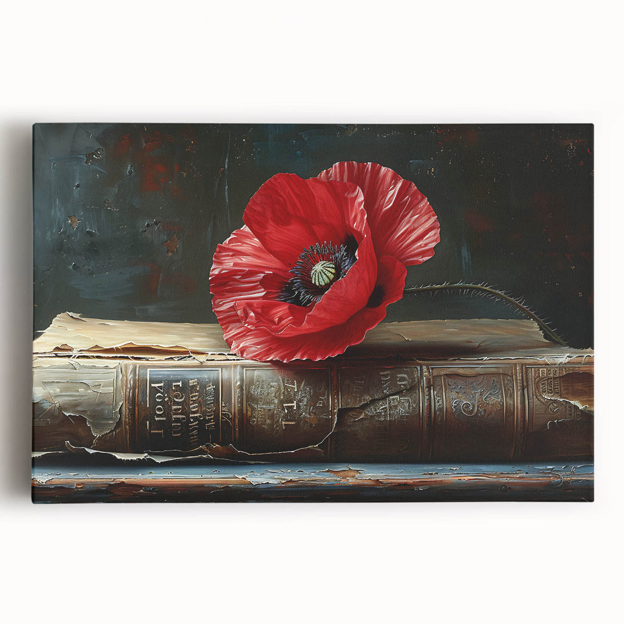 Vibrant botanical poppy design wall art on stretched canvas, showcasing rich colors and intricate details, perfect for enhancing modern home decor.