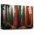 Acrylic glass wall art displaying a vibrant botanical design of redwood trees, featuring intricate details and a modern side view with pins for easy hanging.