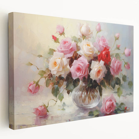 Stretched canvas wall art showcasing a botanical rose design with vibrant colors, offering a side view perspective that highlights its artistic details, perfect for home decor.