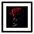 Botanical wall art featuring a detailed rose design in a sleek black frame, complete with a white mat, ideal for home decor enthusiasts seeking elegant floral accents.