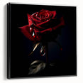 Framed botanical wall art featuring a detailed rose design on a black background, showcasing elegant floral aesthetics for modern home decor.