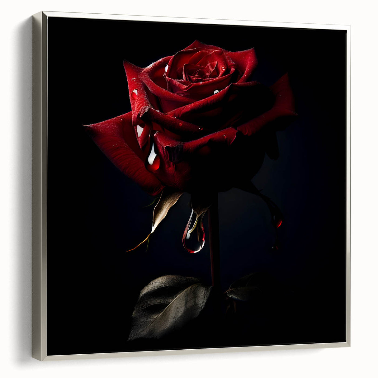 Framed botanical rose wall art in a silver frame, showcasing vibrant pink and green floral details, perfect for enhancing any home decor style.