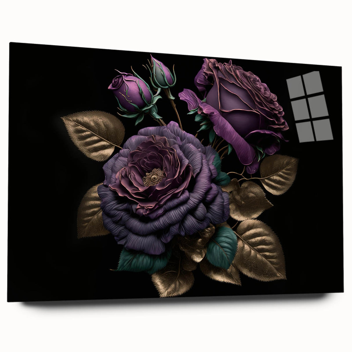 Botanical rose wall art collection in acrylic glass, showcasing a detailed floral design with vibrant colors, side view highlighting elegant craftsmanship and modern decor appeal. Perfect for enhancing interior spaces with a touch of nature-inspired elegance.