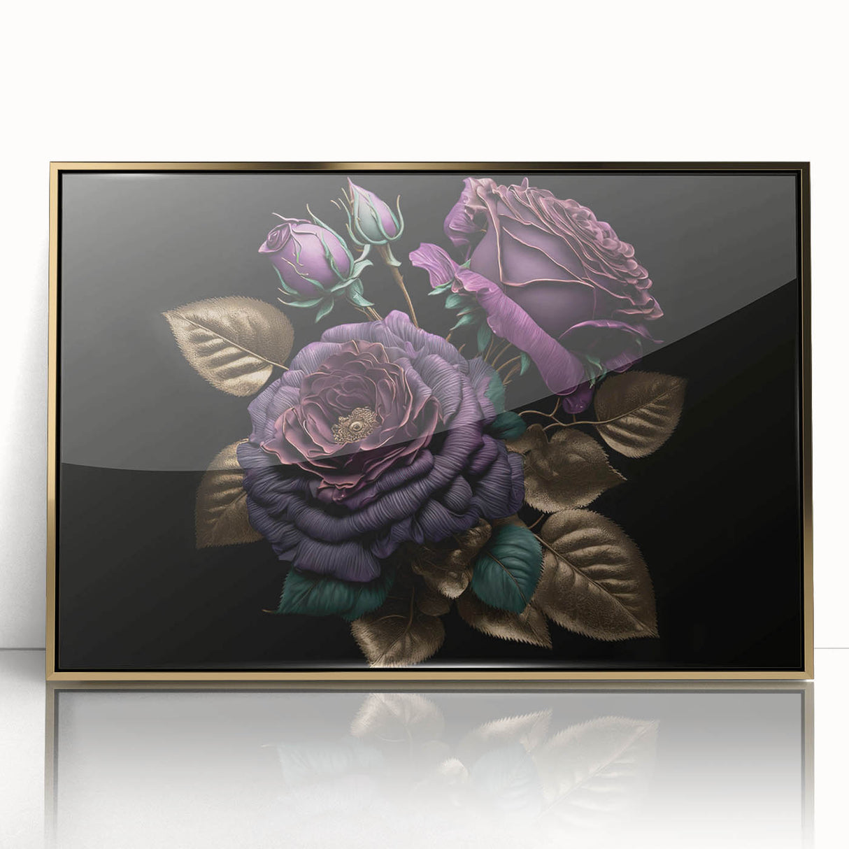 Framed botanical wall art featuring a delicate rose design in soft pink and green hues, elegantly displayed in a gold-accented frame, perfect for home decor.