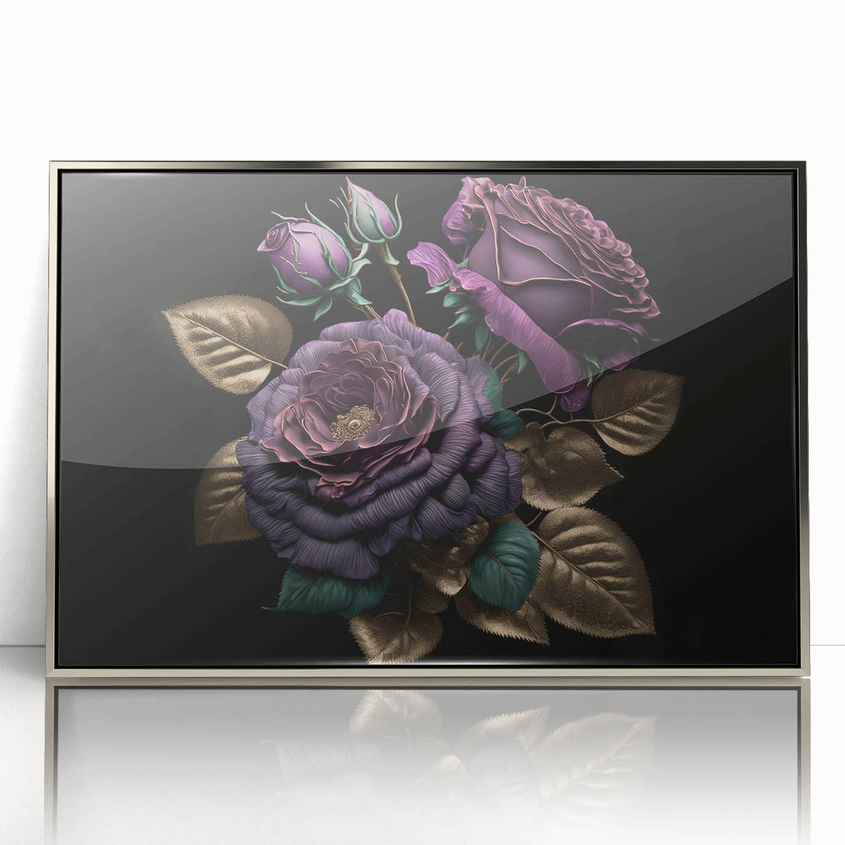 Framed botanical rose wall art featuring intricate floral designs in vibrant colors, set in a silver frame, perfect for home decor enhancement and elegance.