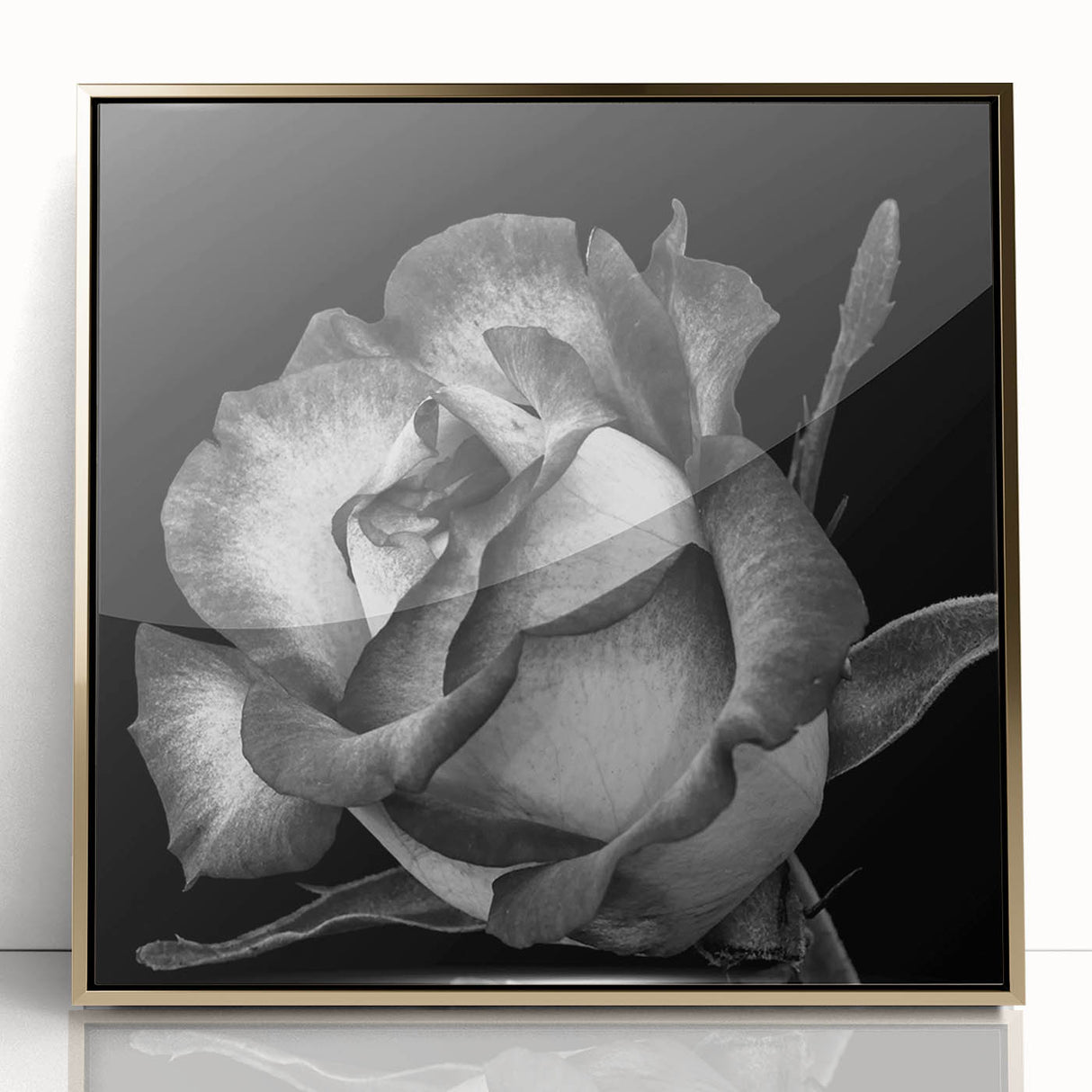 Framed botanical wall art featuring a detailed rose design in vibrant colors, presented in a sleek gold frame, perfect for home decor enhancement.