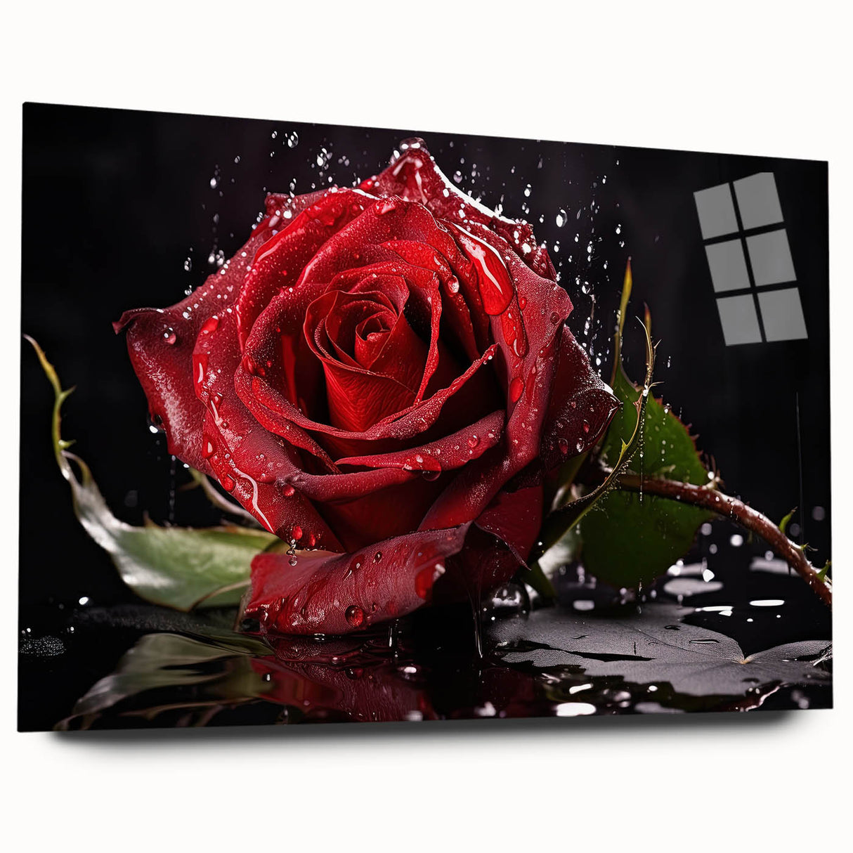 Acrylic wall art showcasing a botanical rose design, elegantly displayed in a side view. The vibrant colors highlight intricate floral details, perfect for home decor.