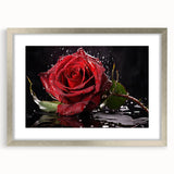 Botanical wall art print featuring a delicate rose design in a silver frame with matting, showcasing elegance and sophistication for home decor.