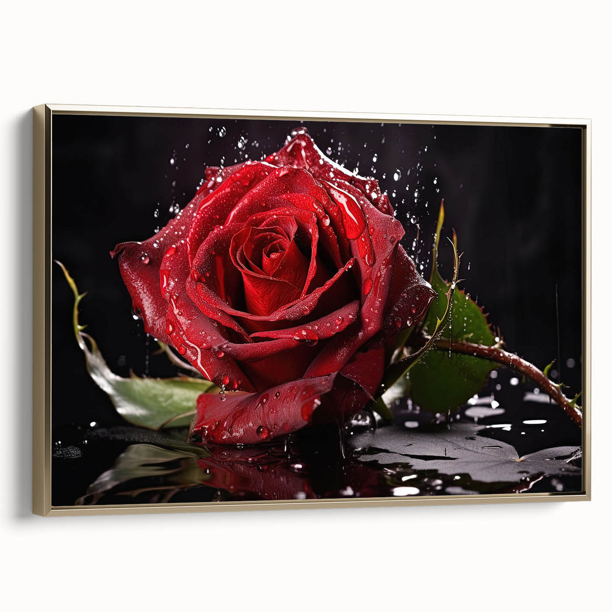 Framed botanical wall art featuring a delicate rose design on a canvas, accented with gold trim, showcasing a side view that highlights its elegant presentation. Perfect for adding a touch of sophistication to home decor.