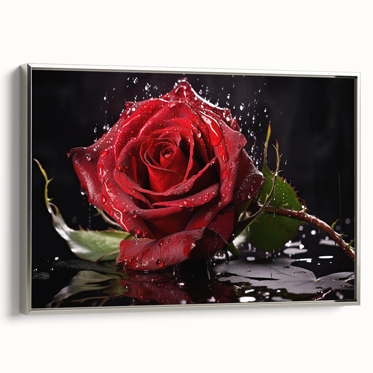 Framed wall art showcasing a botanical rose design on canvas, featuring elegant silver accents and a sophisticated side view, perfect for enhancing home decor.