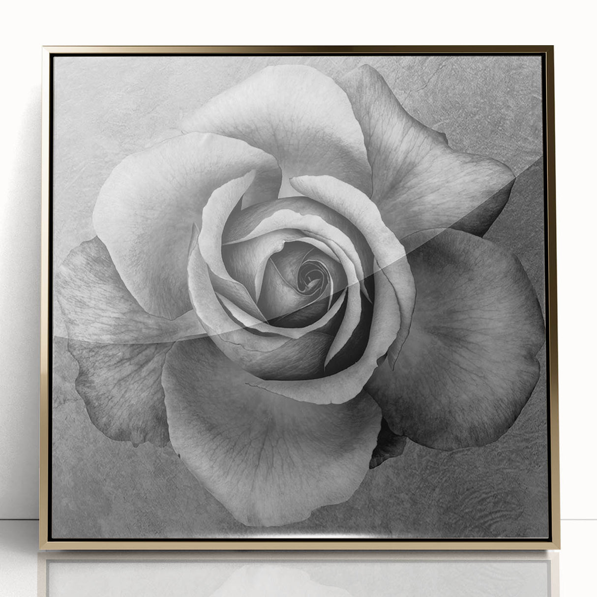 Framed wall art showcasing a botanical rose design with vibrant pink and green hues, accented by a sleek gold frame, perfect for enhancing home decor.