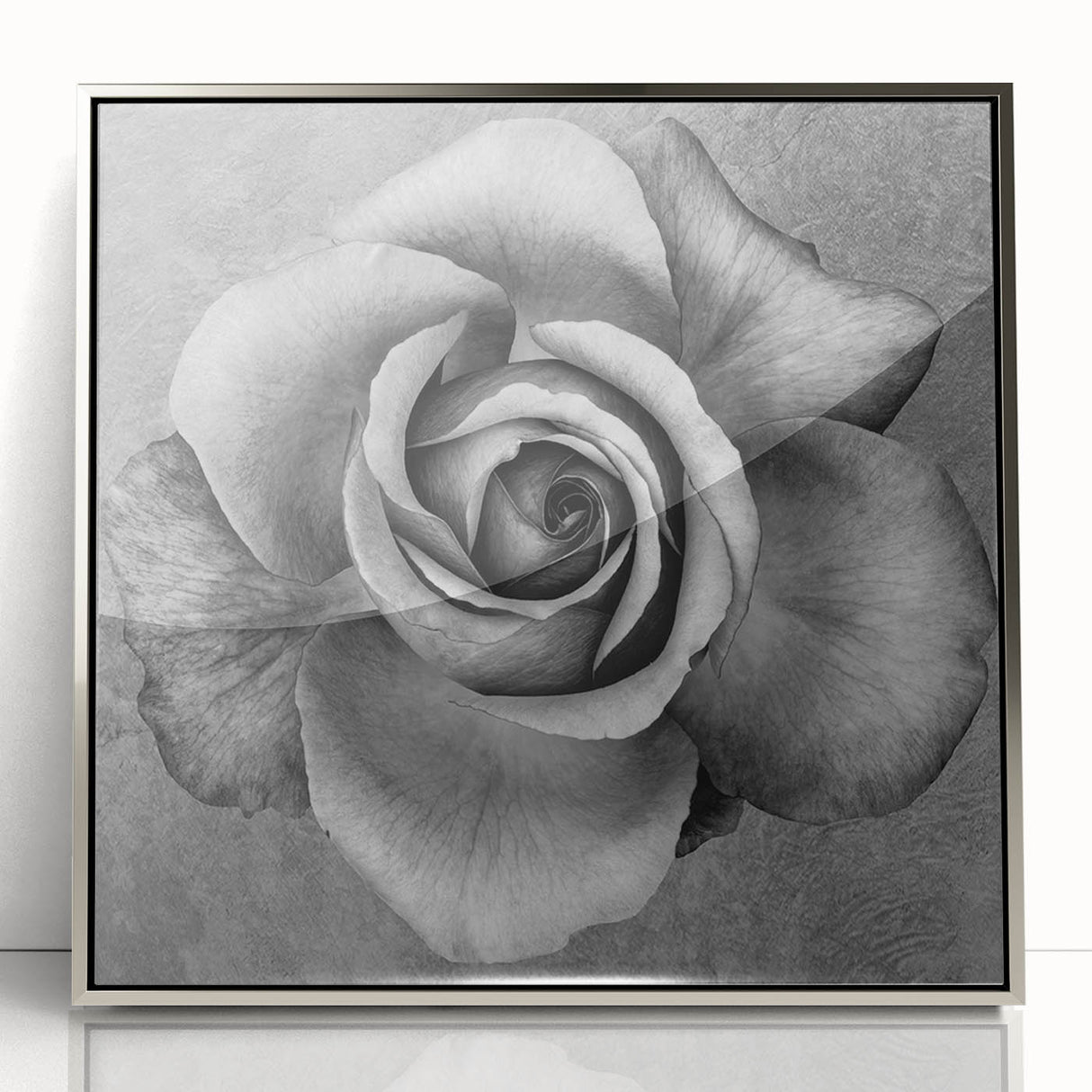 Framed botanical wall art featuring an elegant rose design in silver acrylic, perfect for adding a touch of sophistication to modern home decor.