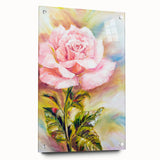 Botanical rose wall art design displayed in a sleek acrylic frame, showcasing delicate floral patterns in soft pastel colors with decorative pins, ideal for home decor.