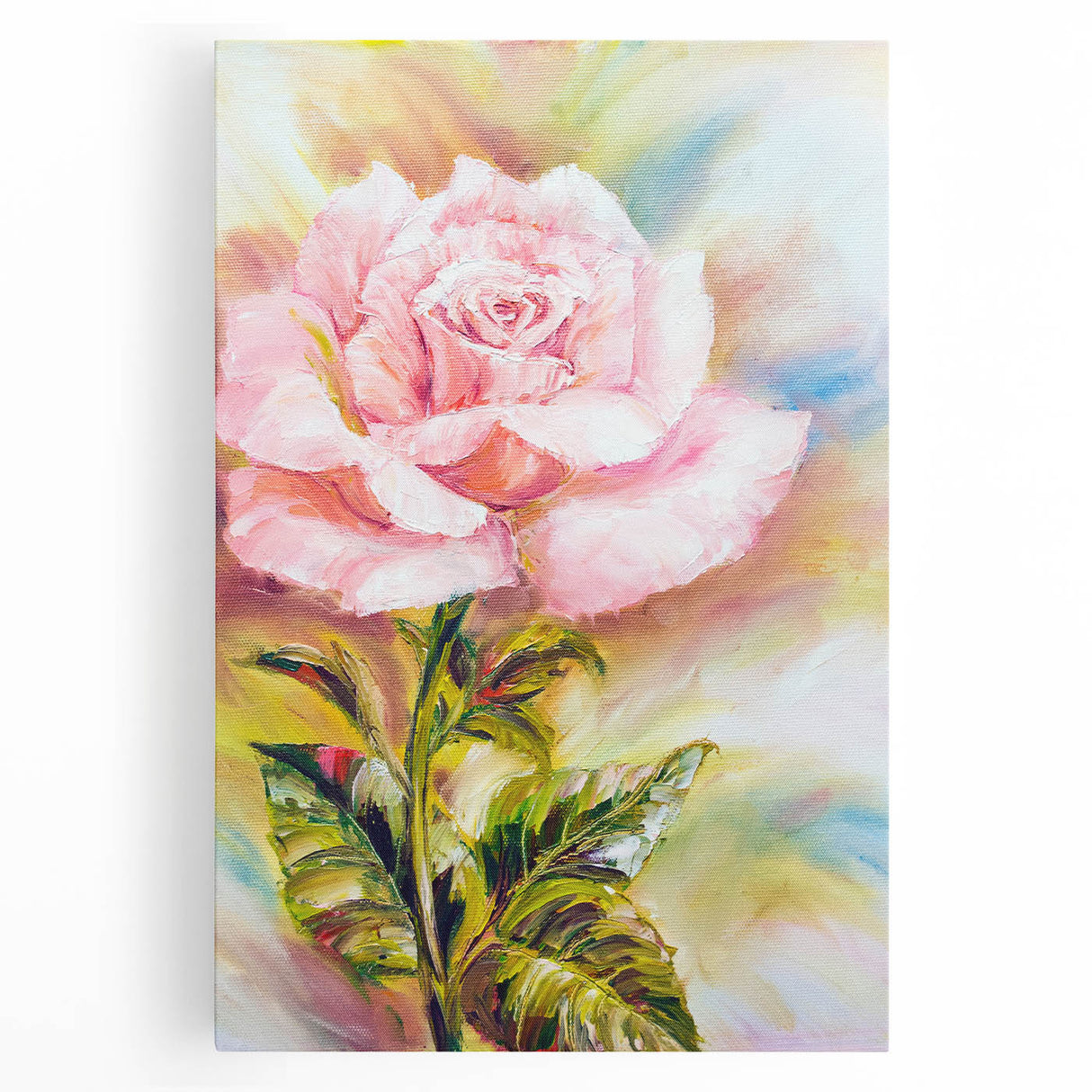 Botanical rose wall art design on stretched canvas, showcasing soft pink and white flowers against a light background, perfect for home decor and floral enthusiasts.