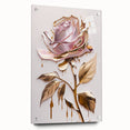 Acrylic glass wall art featuring a botanical rose design, showcasing vibrant colors and intricate details, elegantly displayed with pins on a side view background. Perfect for home decor enhancements.