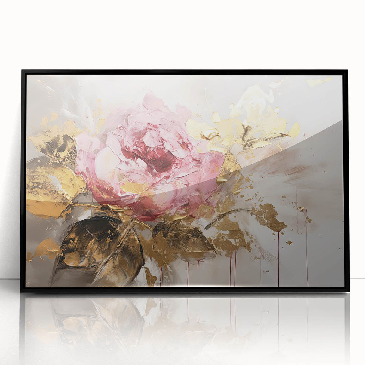 Framed wall art featuring a botanical rose design in vibrant colors, displayed in an elegant black frame, perfect for home decor and floral enthusiasts.