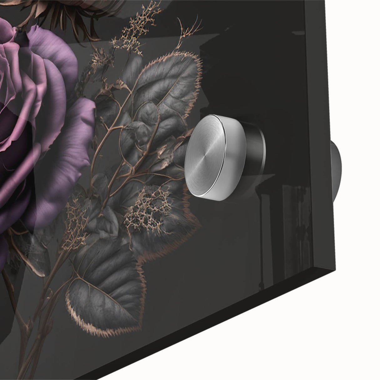 Close-up of a botanical rose design wall art piece, showcasing intricate floral details and vibrant colors on acrylic glass, ideal for home decor.
