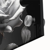 Close-up of a botanical rose wall art design, showcasing vibrant pink and white roses against a soft green background, printed on acrylic glass for a modern home decor accent.