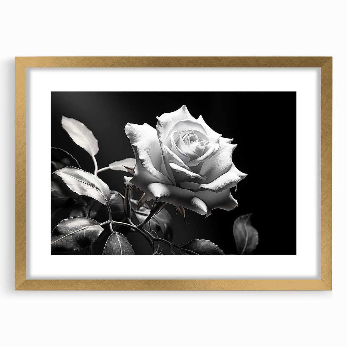 Elegant framed wall art featuring a botanical rose design with a gold mat, perfect for home decor. Ideal for adding a touch of sophistication to any room.