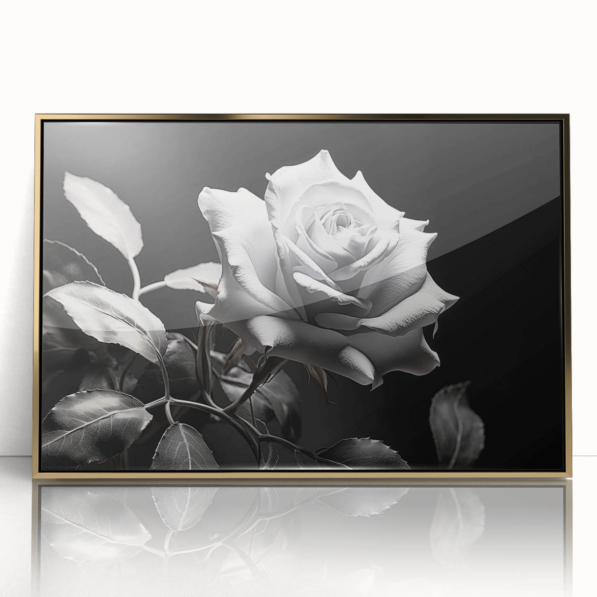 Framed wall art showcasing a botanical rose design in vibrant colors, set in an elegant gold frame, perfect for adding a touch of sophistication to home decor.