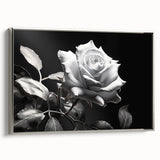 Framed botanical rose wall art featuring a silver side profile, showcasing vibrant floral designs on a textured canvas, perfect for home decor.