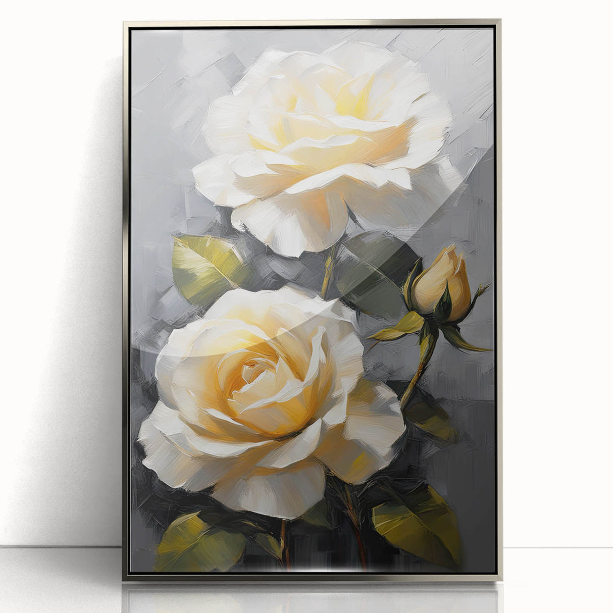 Framed wall art featuring a botanical rose design with vibrant colors, set in a sleek silver frame, ideal for enhancing home decor and adding elegance.