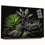 Acrylic glass wall art featuring a vibrant botanical design of succulents, showcasing various green hues and intricate details, perfect for home décor.