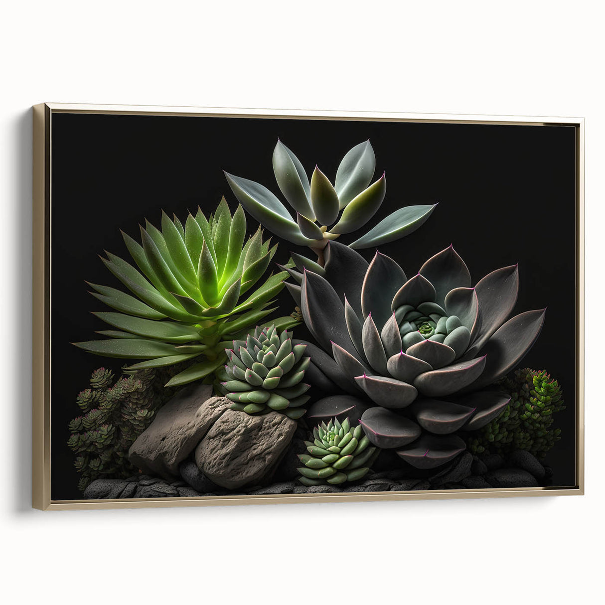 Framed wall art showcasing a botanical design of colorful succulents, set against a gold backdrop, emphasizing modern decor aesthetics for home and office spaces.