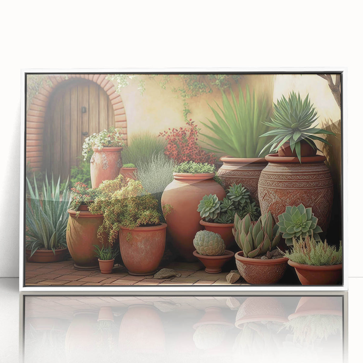 Framed botanical wall art showcasing a vibrant collection of succulent illustrations in a modern white frame, perfect for adding a touch of nature to any decor.