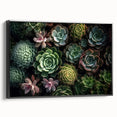 Framed wall art showcasing a botanical design of vibrant succulents on a black background, perfect for home decor and plant enthusiasts.