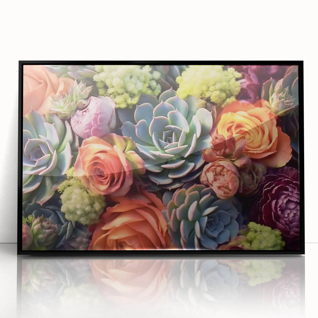 Framed wall art showcasing a vibrant botanical design of colorful succulents in various shapes, set against a sleek black frame, perfect for home decor.