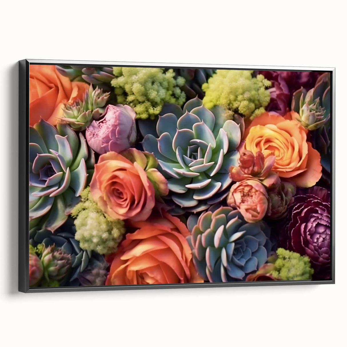 Framed canvas wall art showcasing a botanical design of succulents in vibrant greens and earthy tones, set against a black background for modern décor appeal.