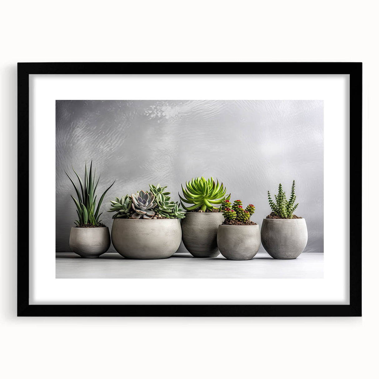 Framed botanical wall art featuring a collection of colorful succulents, showcased with a sleek black frame and white mat, ideal for home decor and nature enthusiasts.