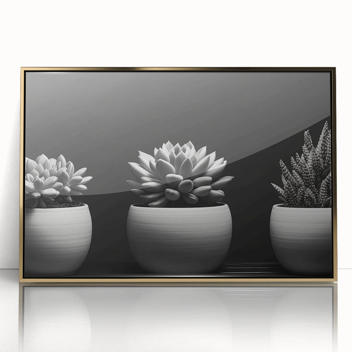 Framed wall art featuring a botanical design of vibrant succulents, elegantly displayed with a gold-acrylic finish, perfect for home decor enhancement.