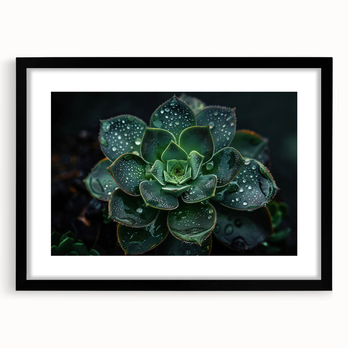 Framed botanical wall art design showcasing vibrant succulents, set in a sleek black frame with a mat, ideal for modern home decor accents.